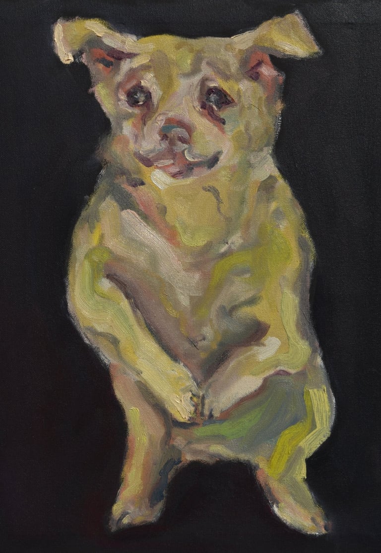 Shelter dog oil painting by Lina Mikuzyte