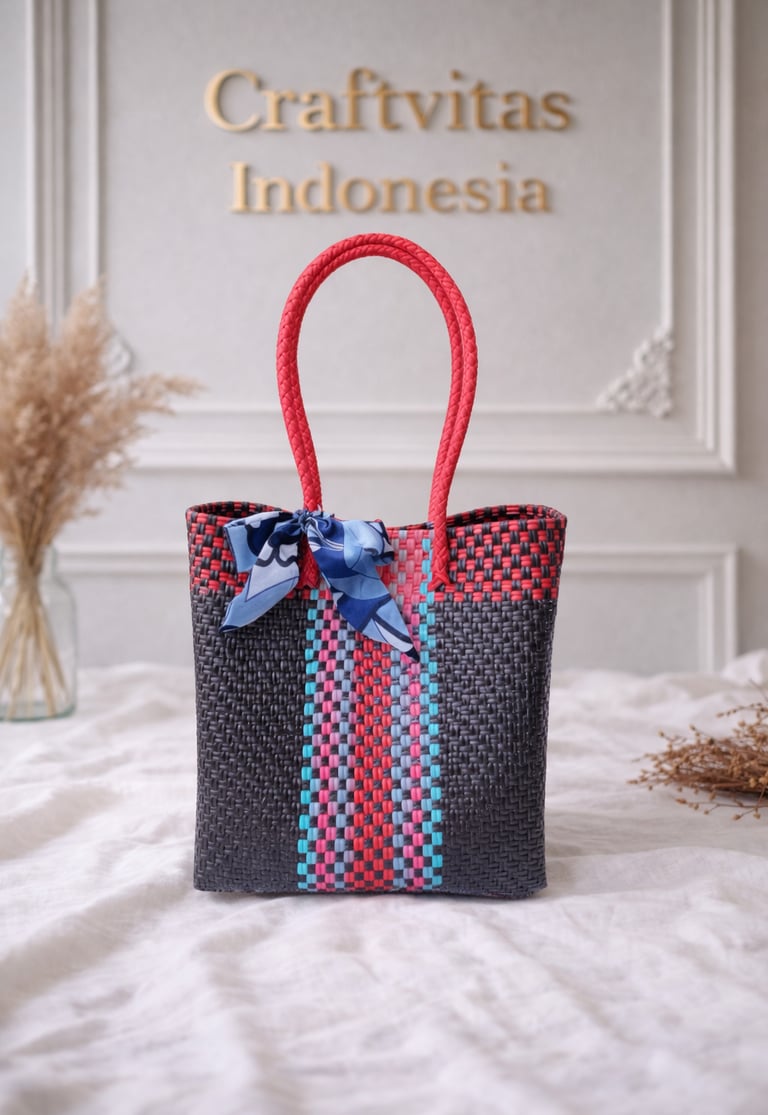 Rainbow black red blue striped handwoven plastic tote bag handmade Craftvitas Indonesia
