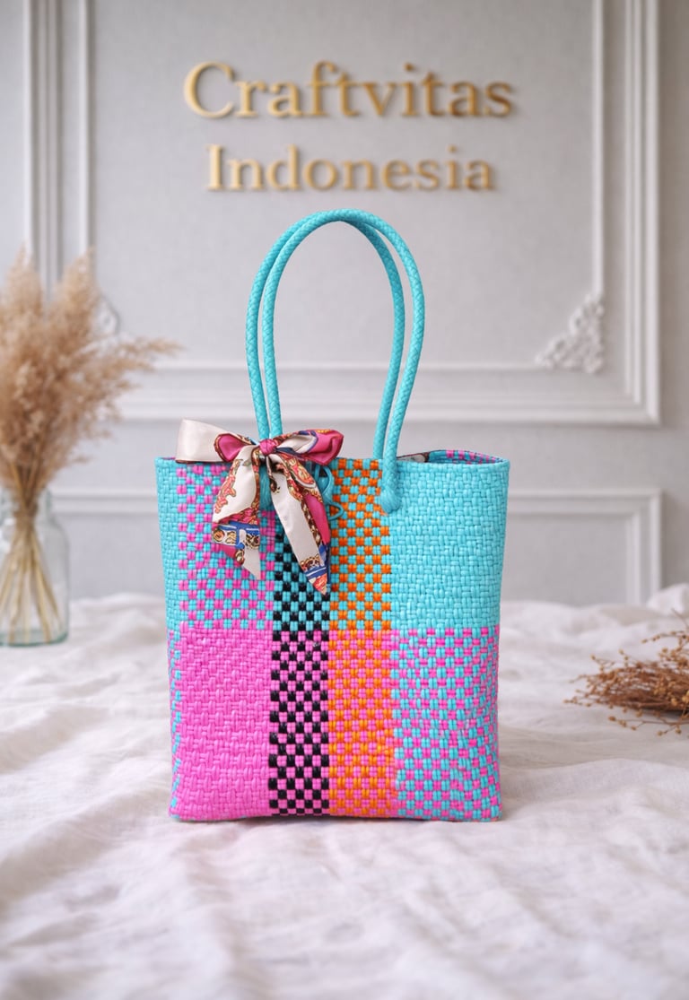 Handmade woven plastic tote bag turquoise pink orange multicolor artisan eco bag