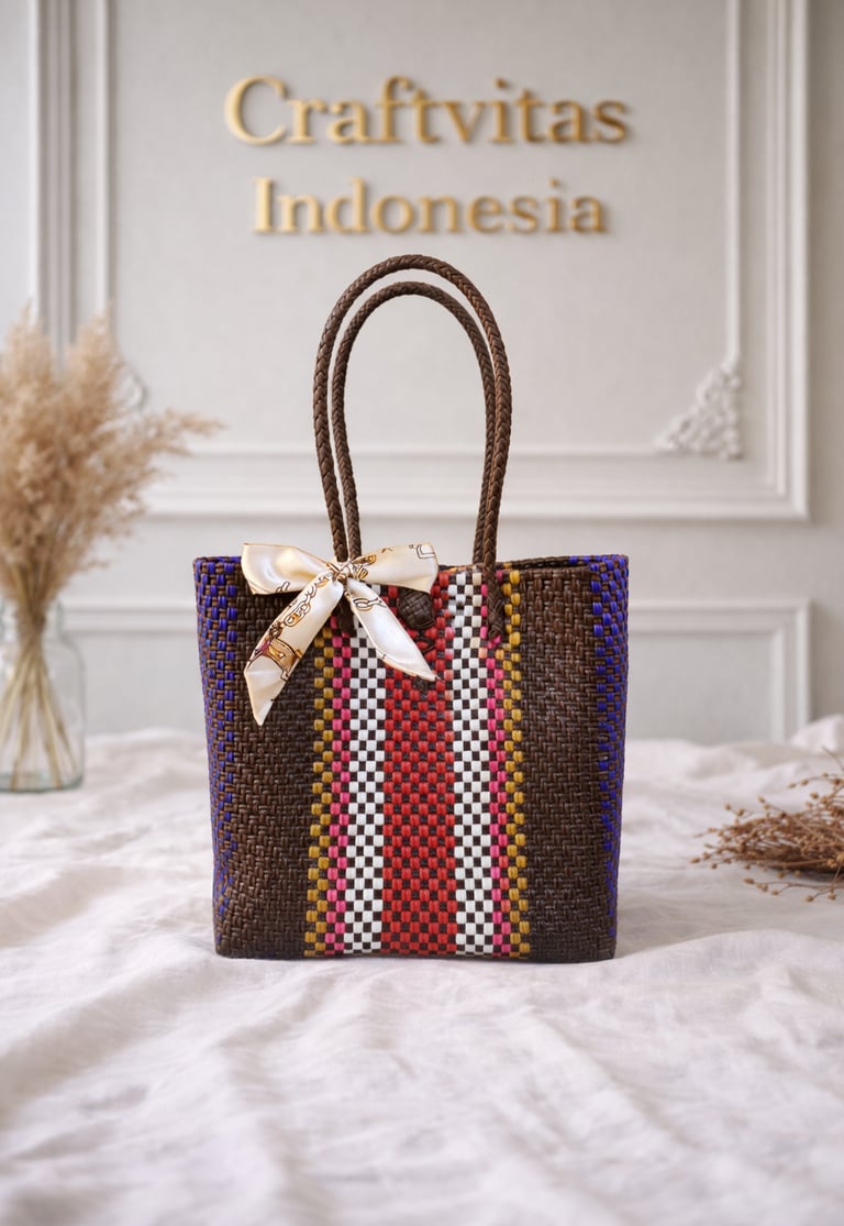 Ethnic rainbow handwoven plastic tote bag brown red color handmade by Craftvitas Indonesia