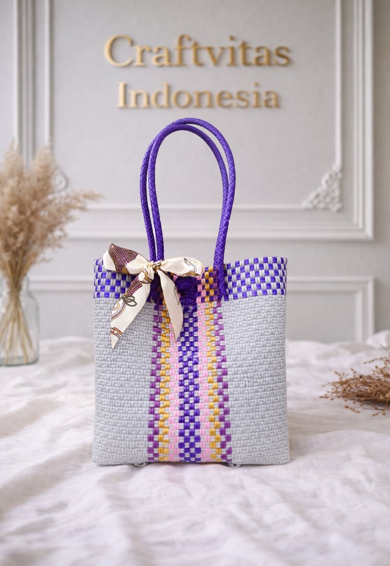 Rainbow multicolor panel woven plastic bag purple tone handmade Craftvitas Indonesia