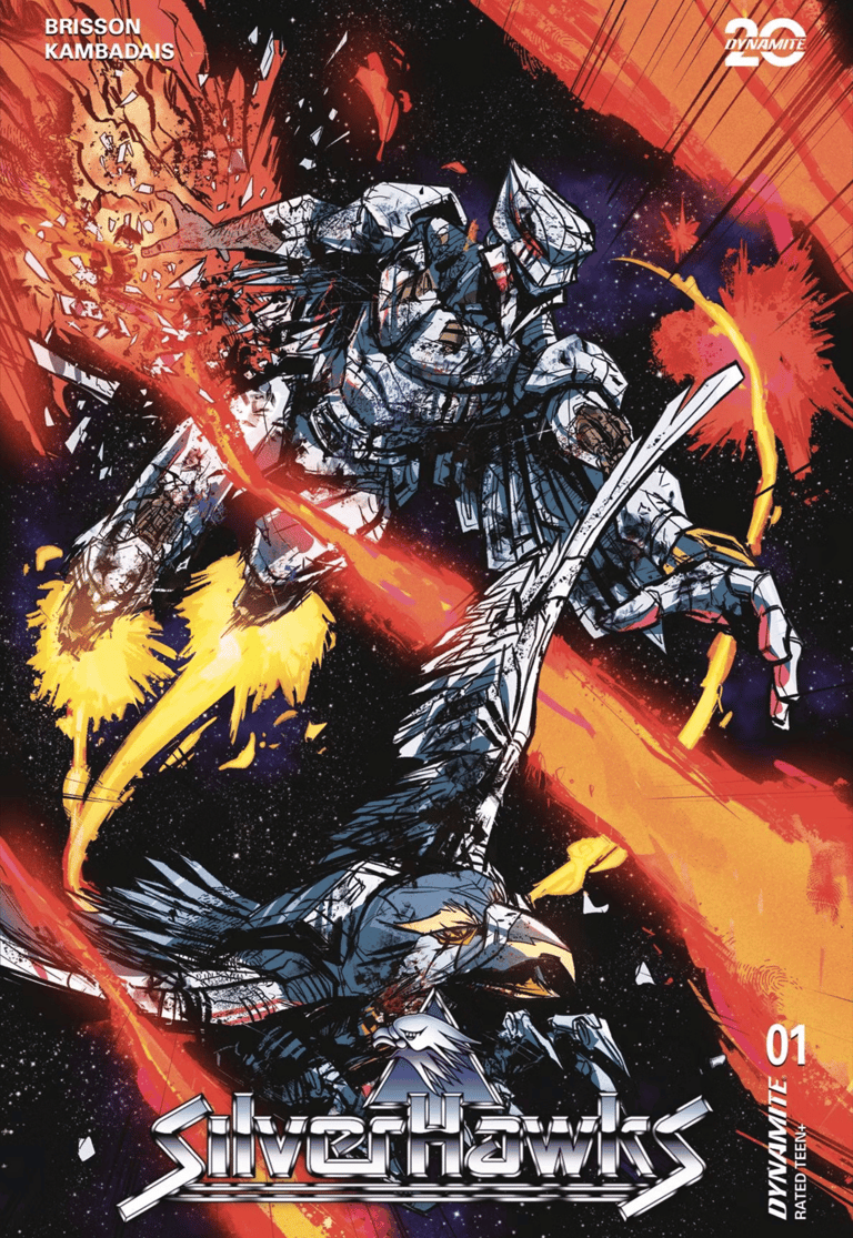 Silverhawks leader Quicksilver and Tally hawk flying through space being shot at