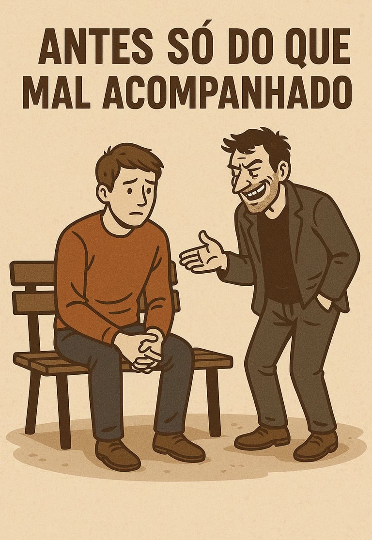 imagem mostra um cartaz com dois homens um bom e outro mal. o homem mau querendo fazer amizade.