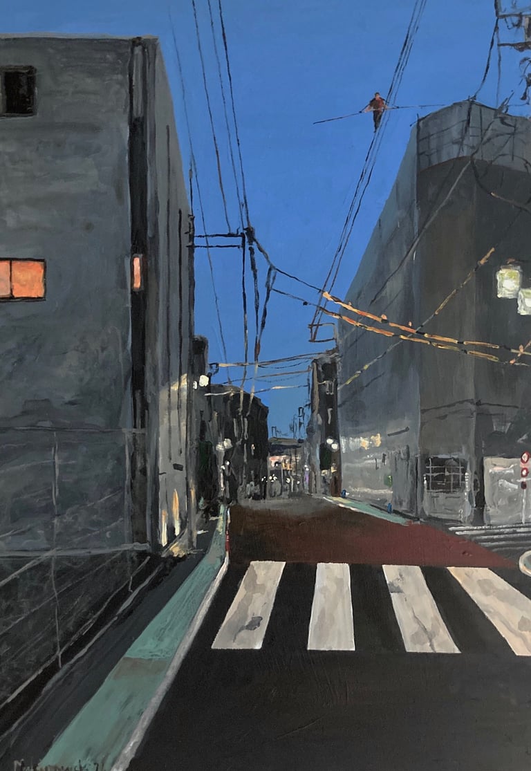 urban street scene with tightope walker above