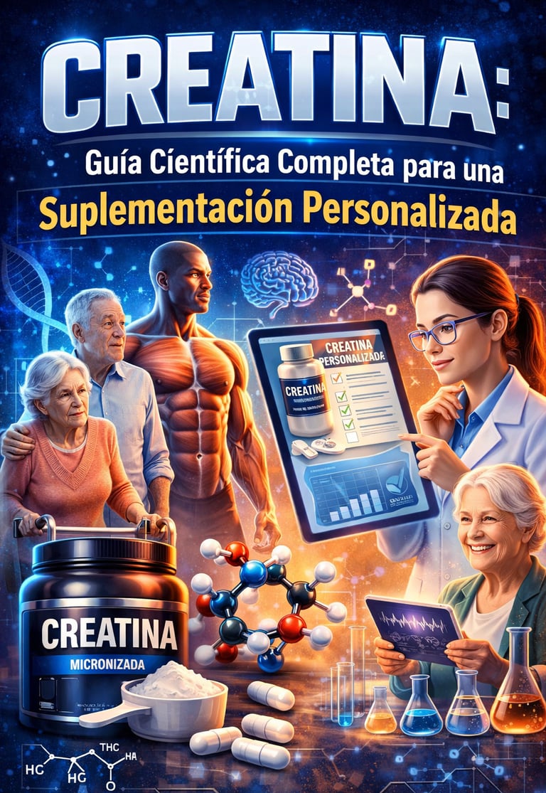 suplementación con creatina mostrando atleta, mujer mayor y personas ancianas, destacando beneficios