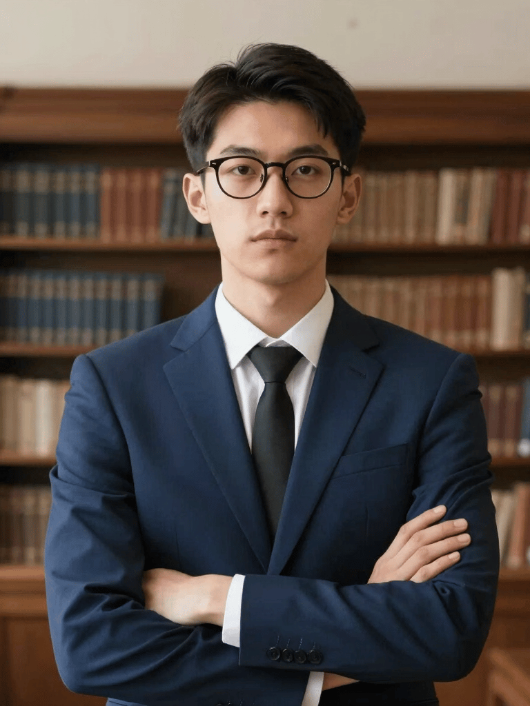 Professional corporate portrait of a confident business lawyer in a modern office setting.