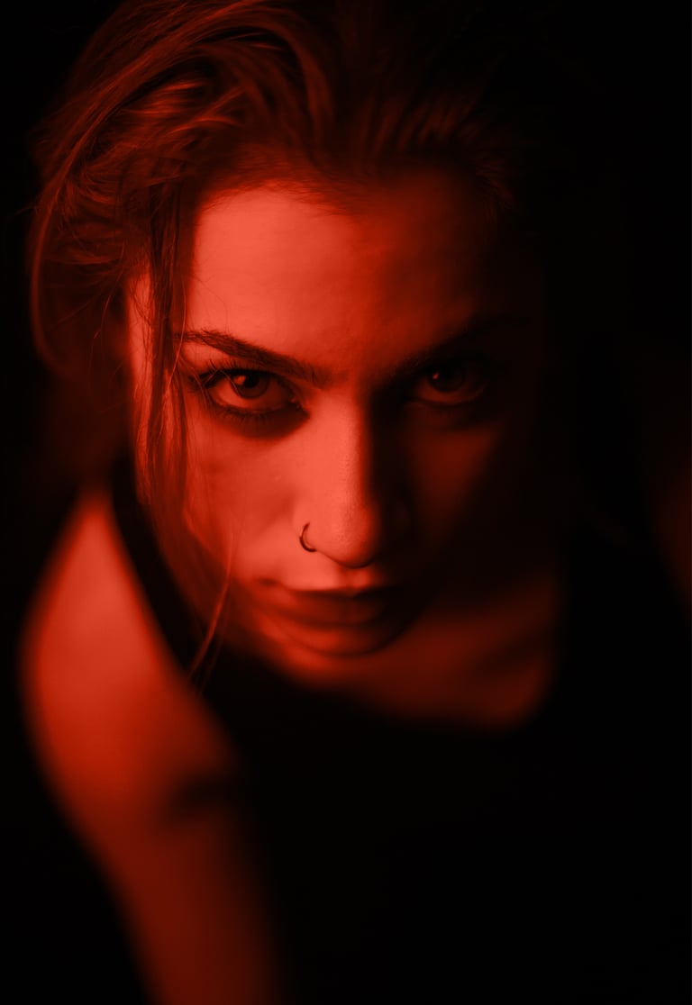 Actriz con iluminación dramática roja en estudio, parte de un book de fotos cinematográfico