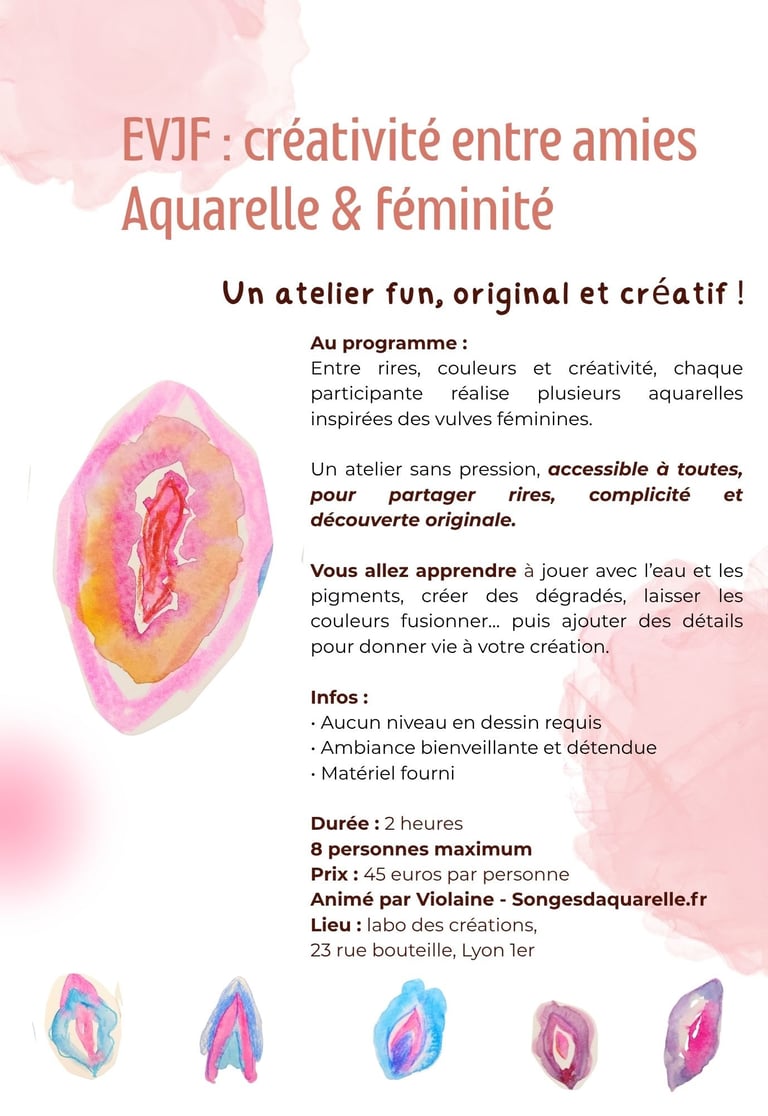 atelier aquarelle EVJF Lyon féminité formes organiques créatives entre amies débutantes
