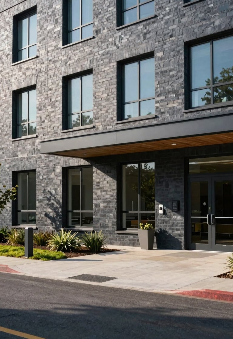 Clean architectural exterior shot of a modern skilled nursing facility under bright natural daylight with a cool-toned slate cast.