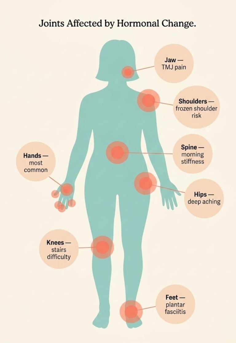 Body map illustration showing the seven joint areas most commonly affected by perimenopause .