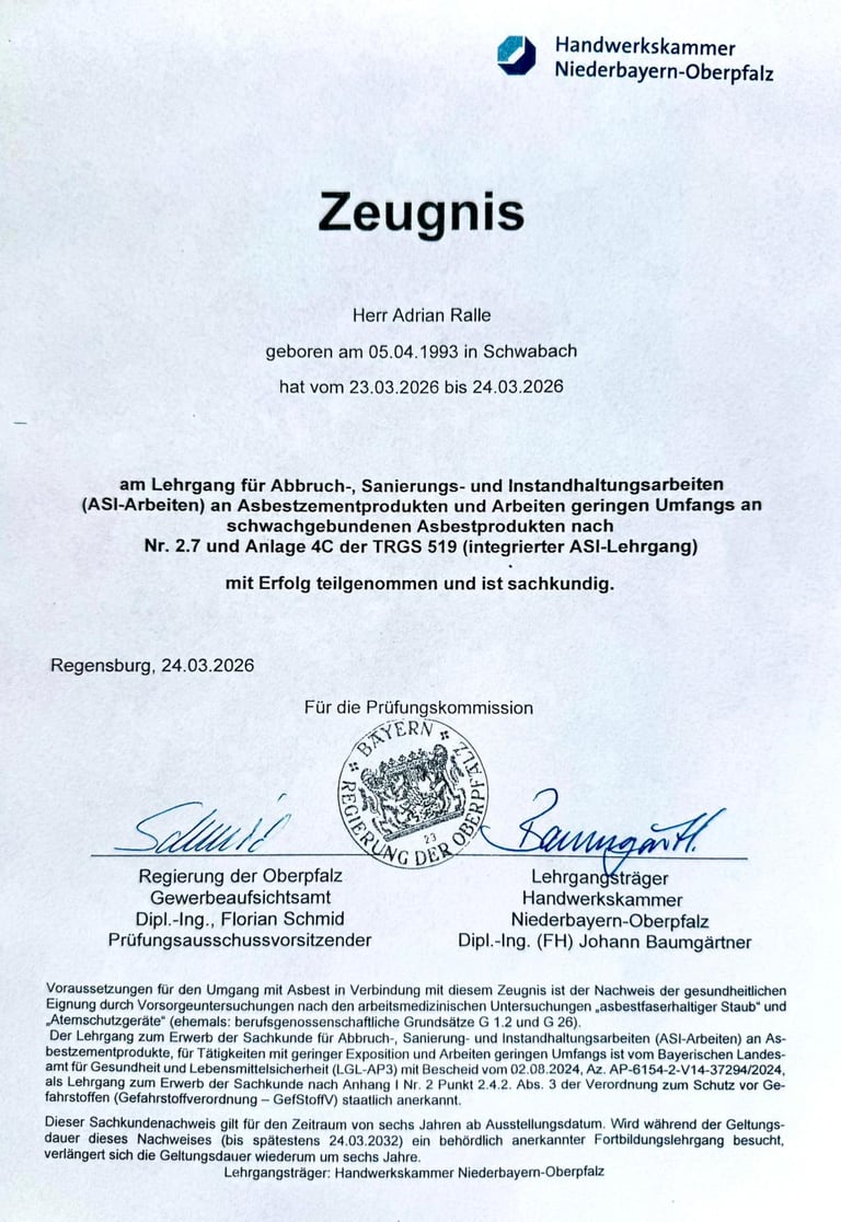 Zertifizierter Fachbetrieb nach TRGS 519 Anlage 4C für Tätigkeiten mit asbesthaltigen Stoffen und Produkten