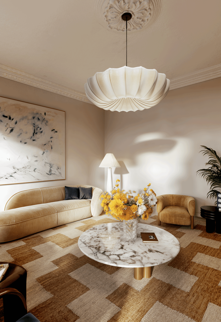 Diseño Interior estar. Estilo Art Nouveau, sillon beige, mesa de centro de marmol y lampara colgante