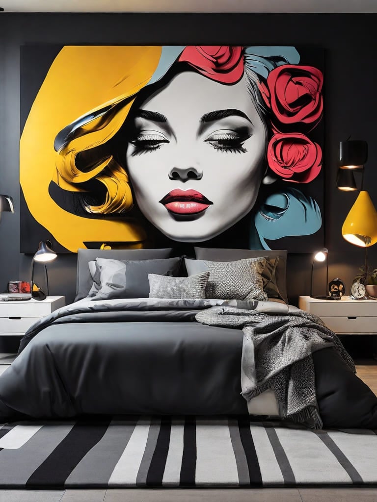 Estilo contemporâneo: quarto de casal com um toque artístico proporcionado por um quadro pop-art.
