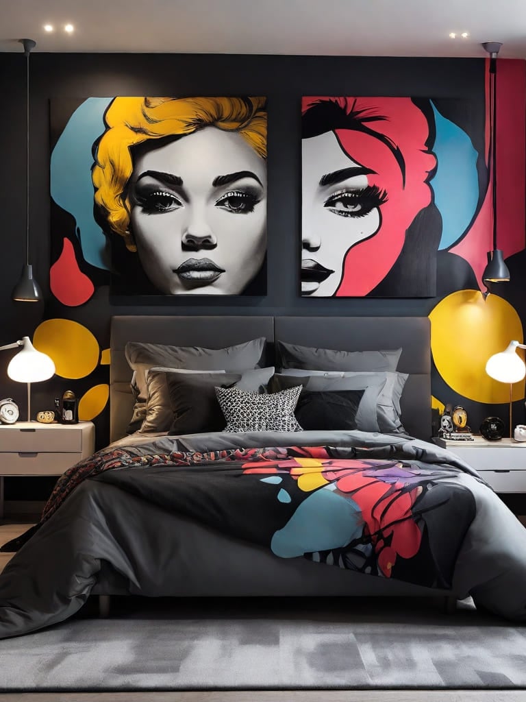 Combinação perfeita de modernidade e conforto: quadro pop-art em destaque no quarto.
