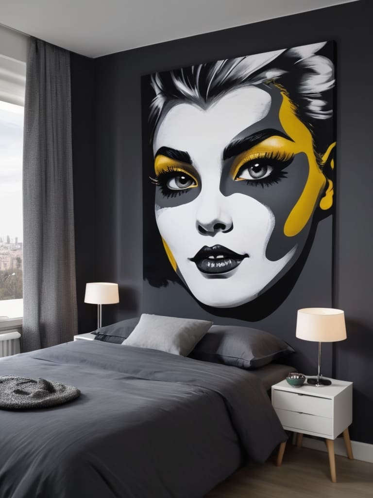 Decoração moderna: quarto de casal com destaque para um quadro pop-art elegante.