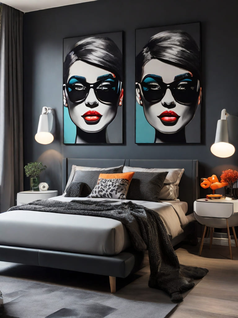Atmosfera aconchegante e contemporânea em um quarto com quadro pop-art na parede.