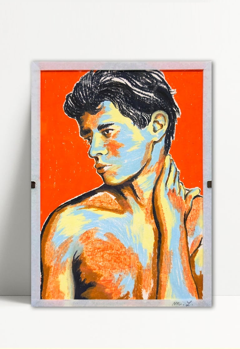 a painting of a man with a red shirt