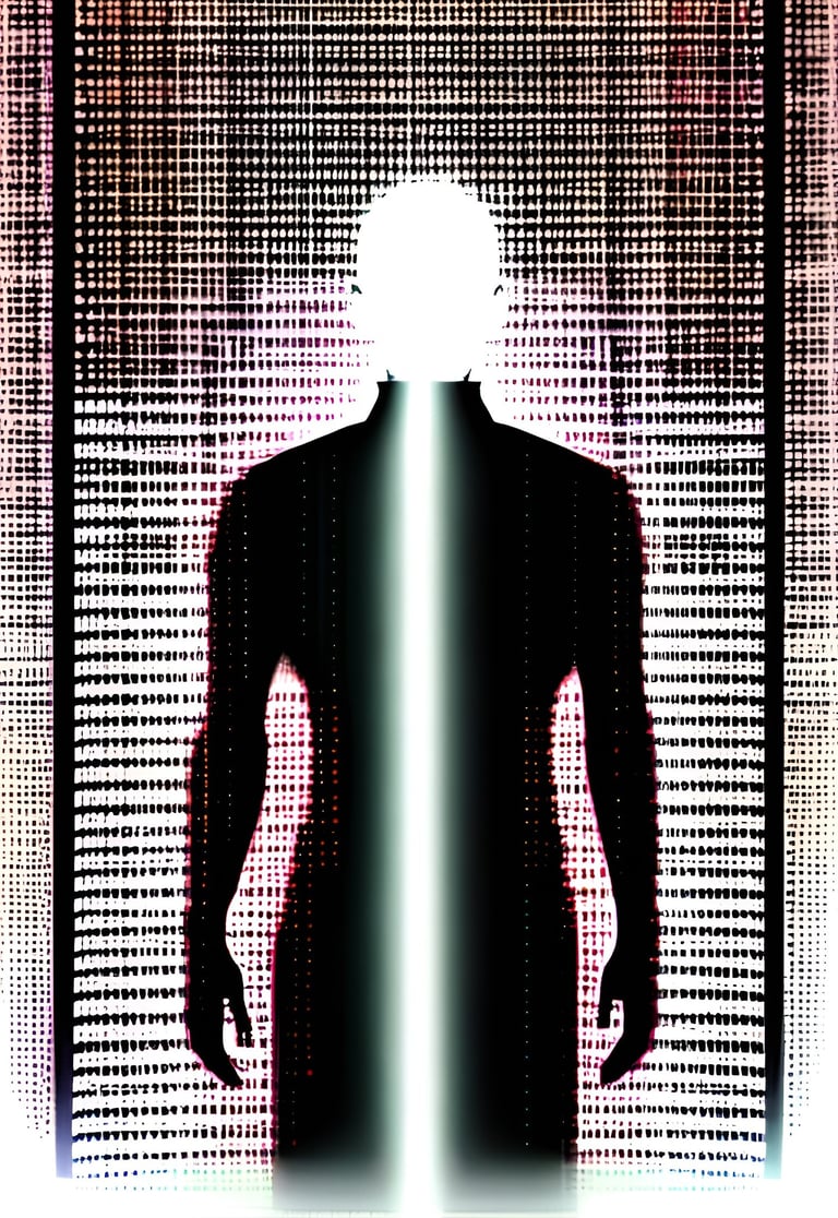 a man standing in front of a large screen with a light shining in the background