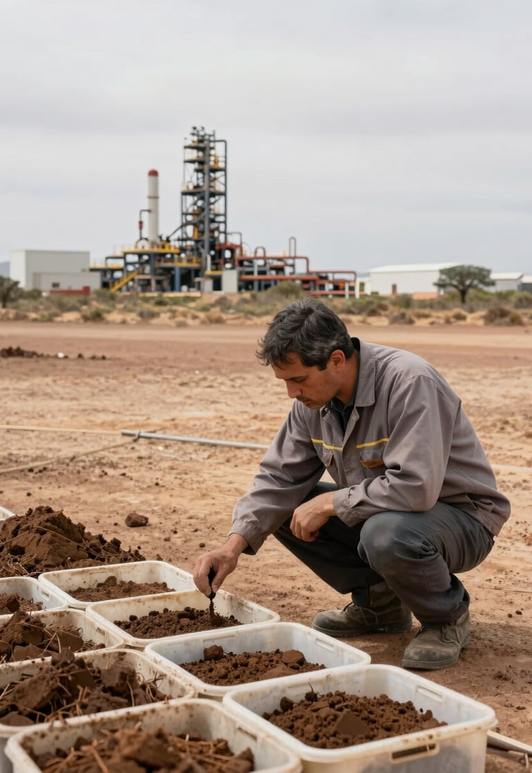 Wide environmental survey in progress on a dry South African industrial site, technician crouching over soil sample containers in foreground, flat overcast daylight, operational infrastructure visible in the mid-ground distance