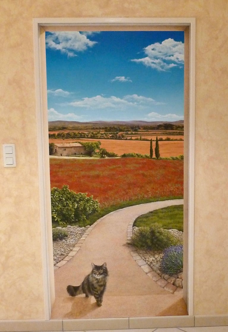 Ouverture en trompe-l'oeil sur un paysage méditérranéen, un champ de coquelicots, un chemin, un chat