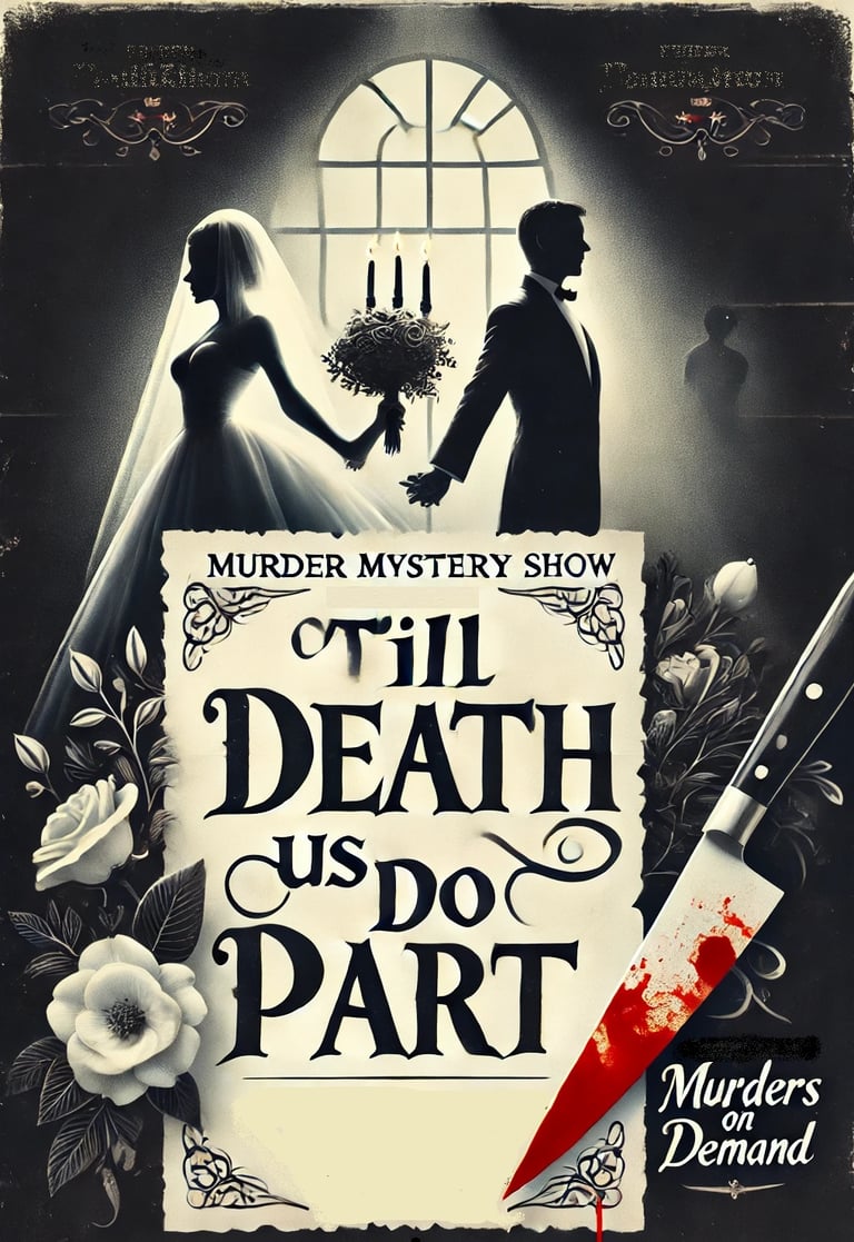 Vintage murder mystery show poster for Till Death Us Do Part featuring a bride, groom, and bloody knife.