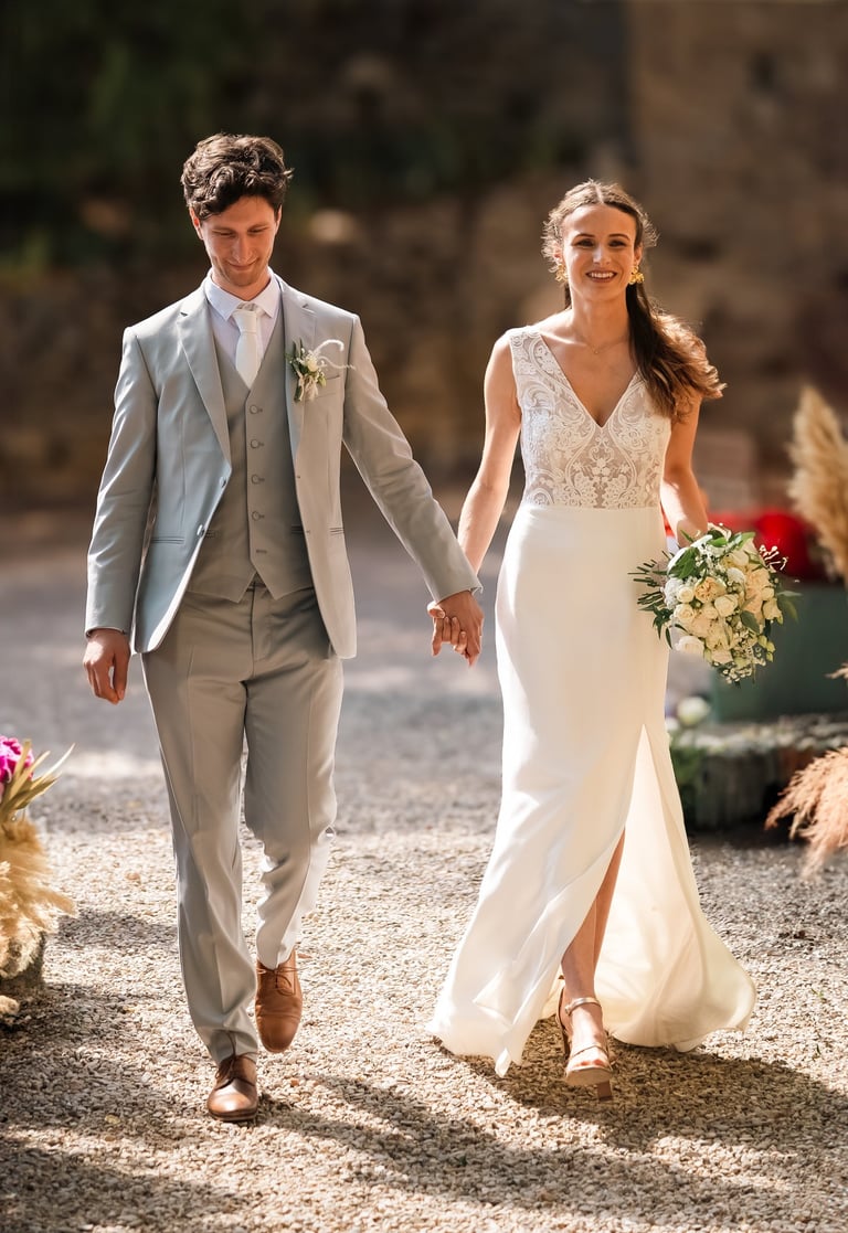 Couple de mariés posant ensemble avec des fleurs de pampas en arrière-plan, photographie de mariage