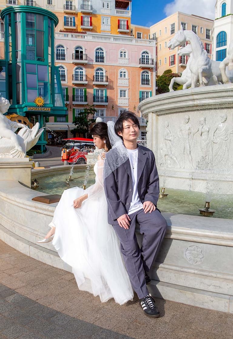 Pre-wedding couple at King of the Sun Square, Sunset Town, Phu Quoc — photo walk session by Natali Stelmakh