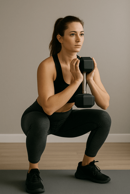 a woman in a black top and leggings, holding a dumbble