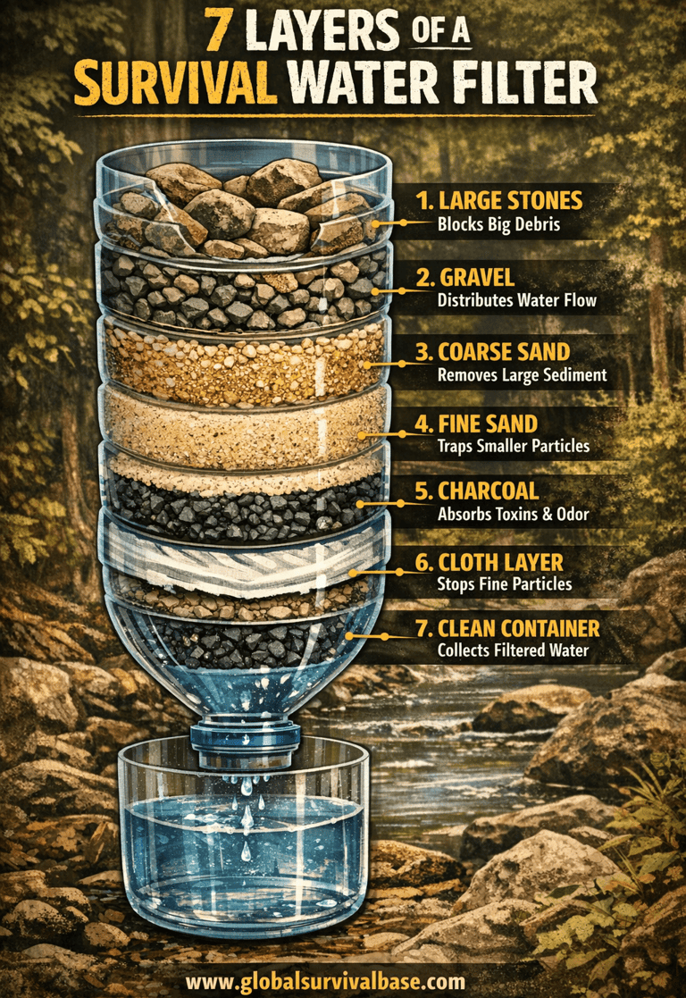 survival water filter layers infographic charcoal sand gravel globalsurvivalbase