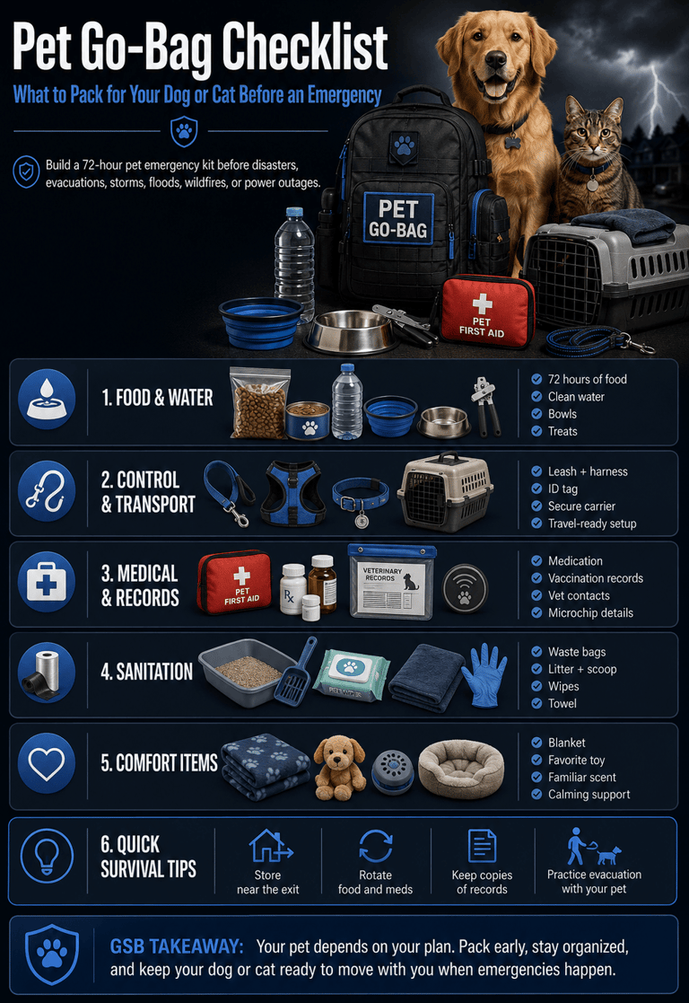 Pet go-bag checklist infographic showing emergency supplies like food, first aid kit, and carrier for dogs and cats.