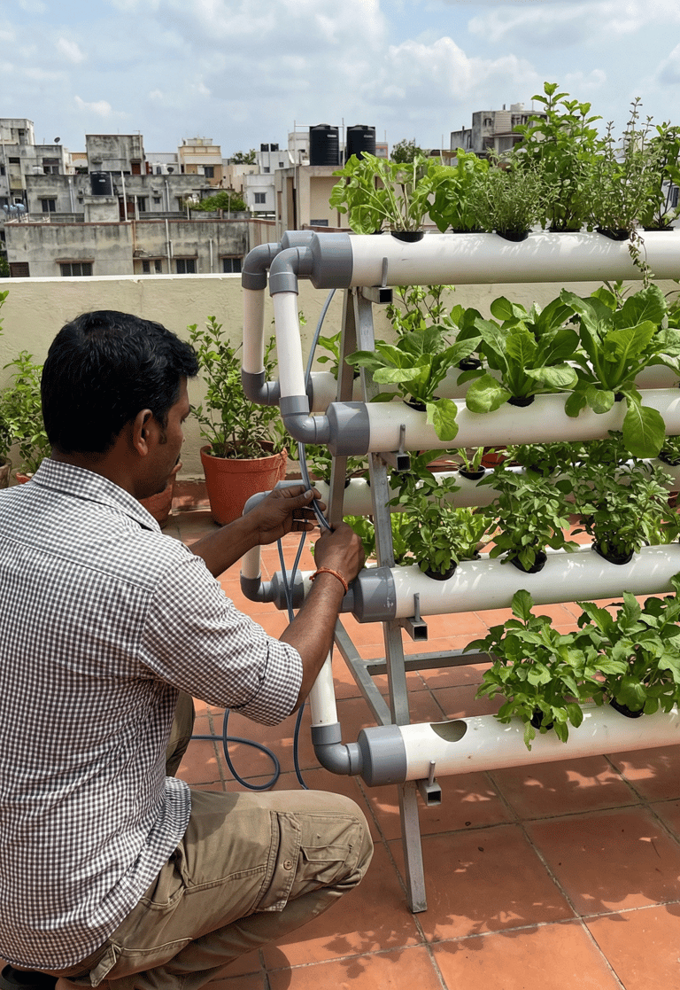 A man sets up a vertical hydroponic farming system on a rooftop terrace garden with leafy green vegetables.