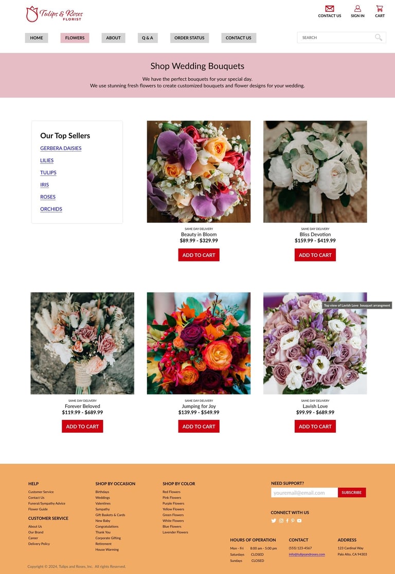 Flowers webpage design with various floral arrangements of wedding bouquets.