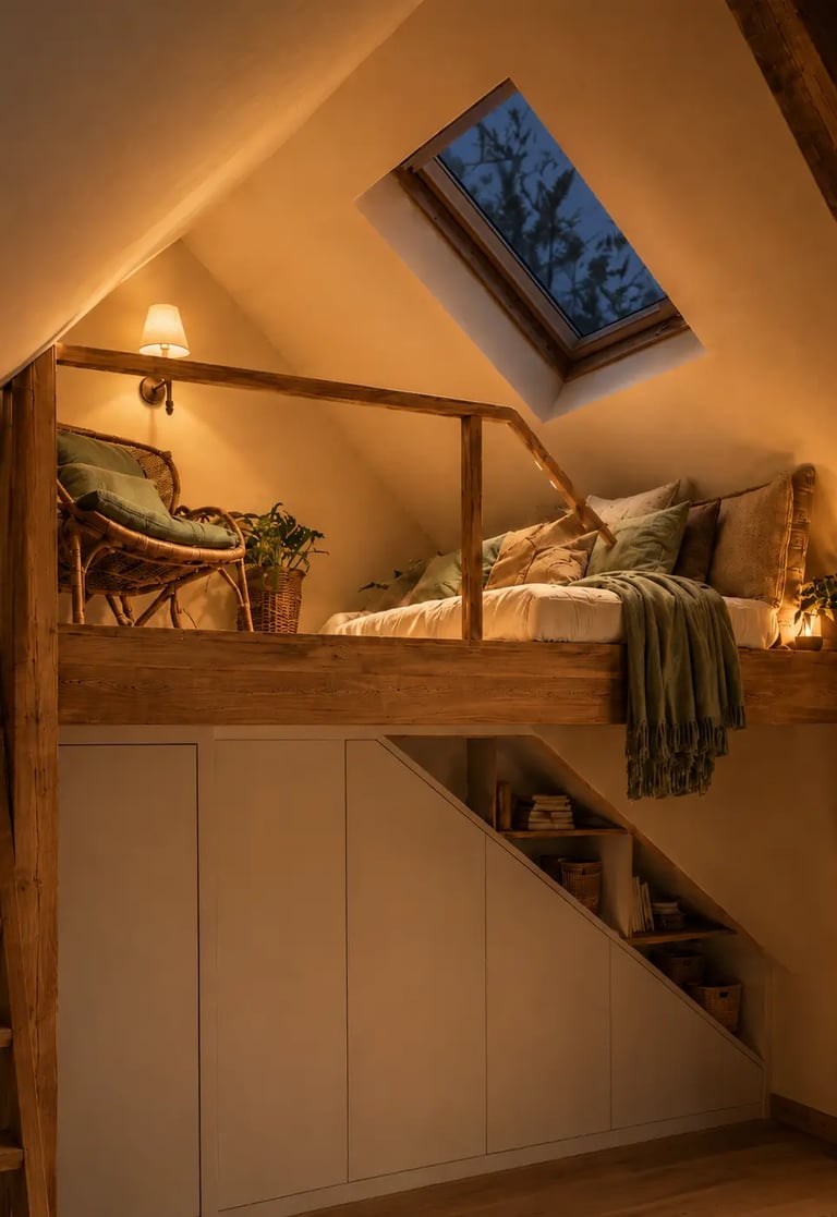 Ambiance du soir : mezzanine éclairée par applique murale et lampe d'appoint