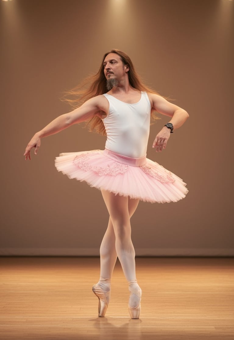 wowart, Fotograf und Künstler aus Chur, in künstlerischem Selbstporträt mit rosa Balletttutu im Studio