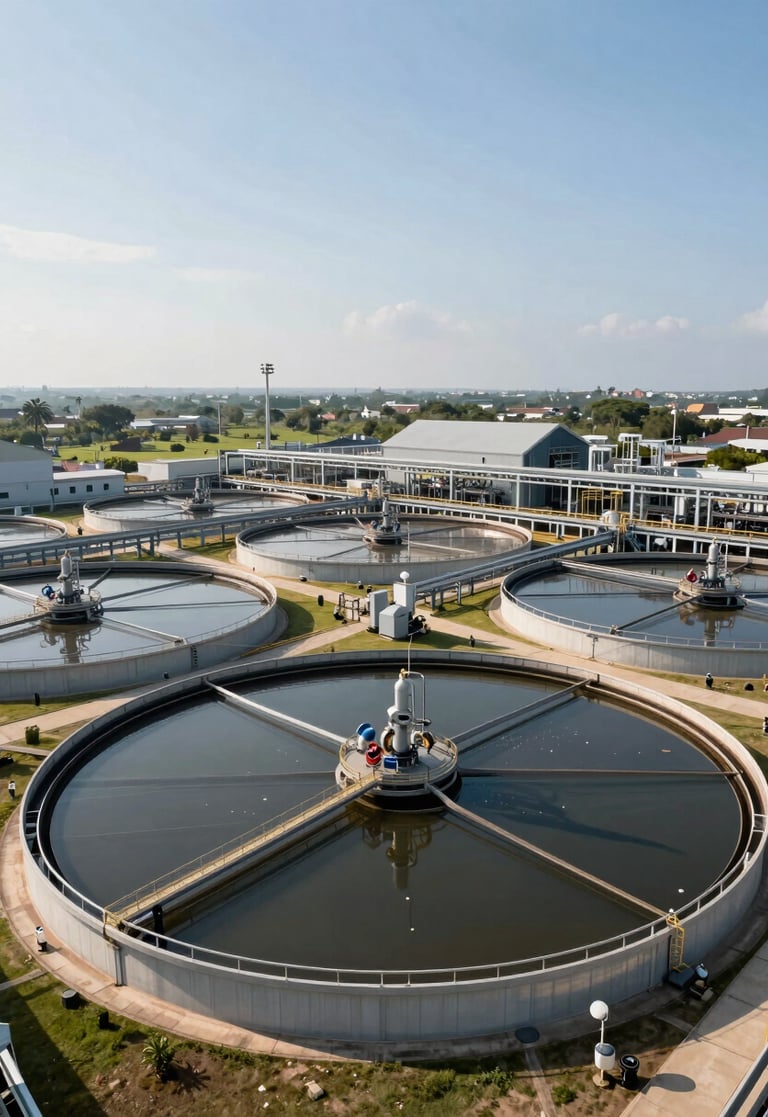Wide panoramic shot of a modern large-scale wastewater treatment plant with sedimentation tanks under the bright South Asian sun, professional industrial photography.