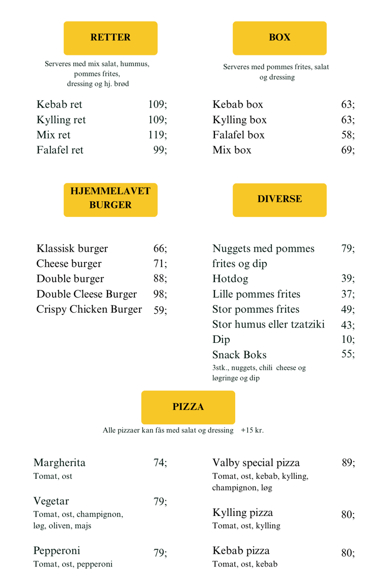 Menukort anden side – forskellige retter: kebabmenuer, burgere, snacks, bokse med pommes frites og p