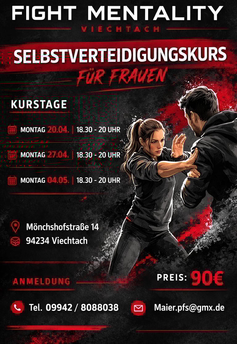 Flyer Selbstverteidigungskurs für Frauen in Viechtach bei Fight Mentality Viechtach