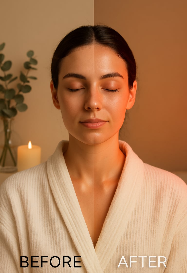 Before and after comparison of a woman in a spa setting, wearing a white robe, red light therapy