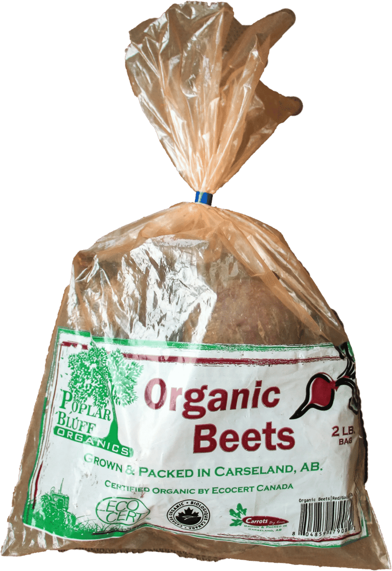 Clear plastic bag of beets with Poplar Bluff Organics logo