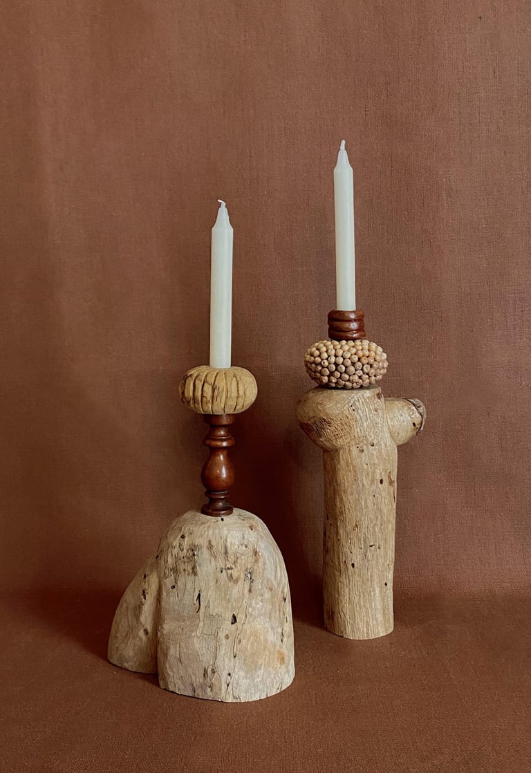 sculptures bois sculpté, terre crue, bougeoir