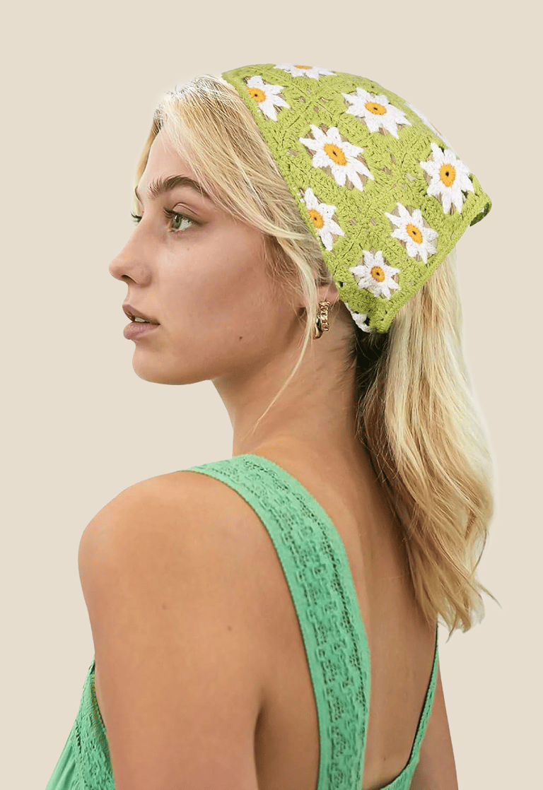a woman with a green head scarf with flowers