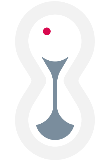 Minimalist grey hourglass logo icon with a red dot accent on a white background.