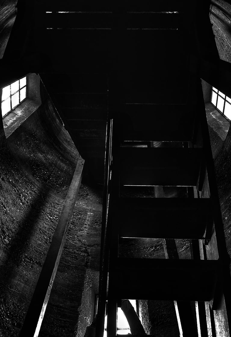a staircase cased in a tunnel a tower with a ladder, windows