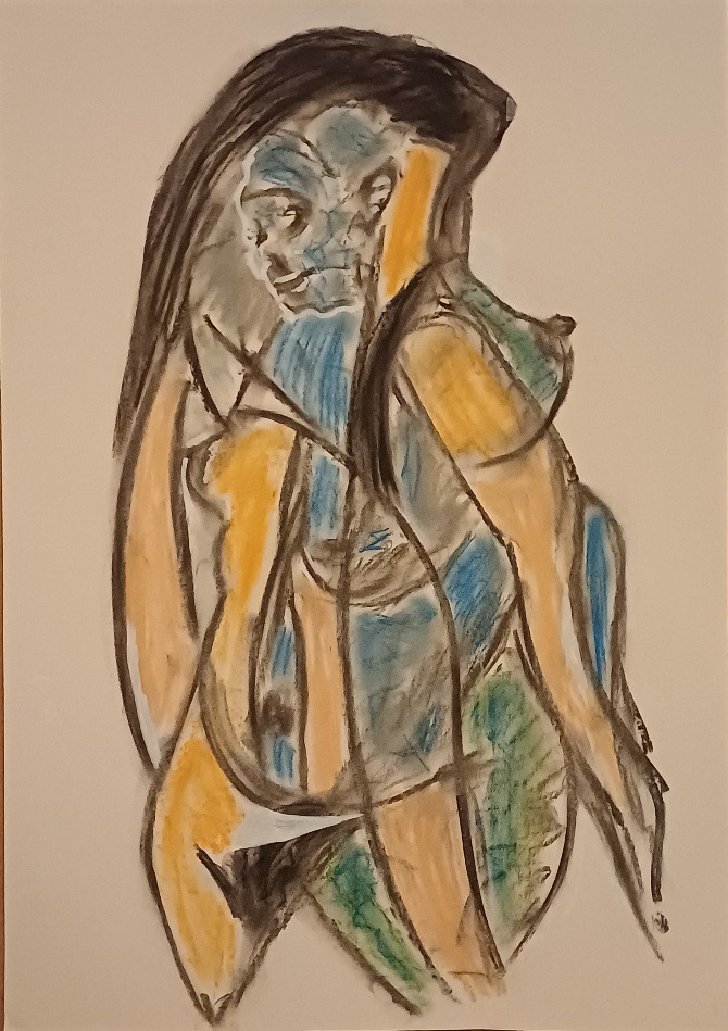 Amazon — tall female figure with dark hair, charcoal and pastel in blue and amber, by Zanda