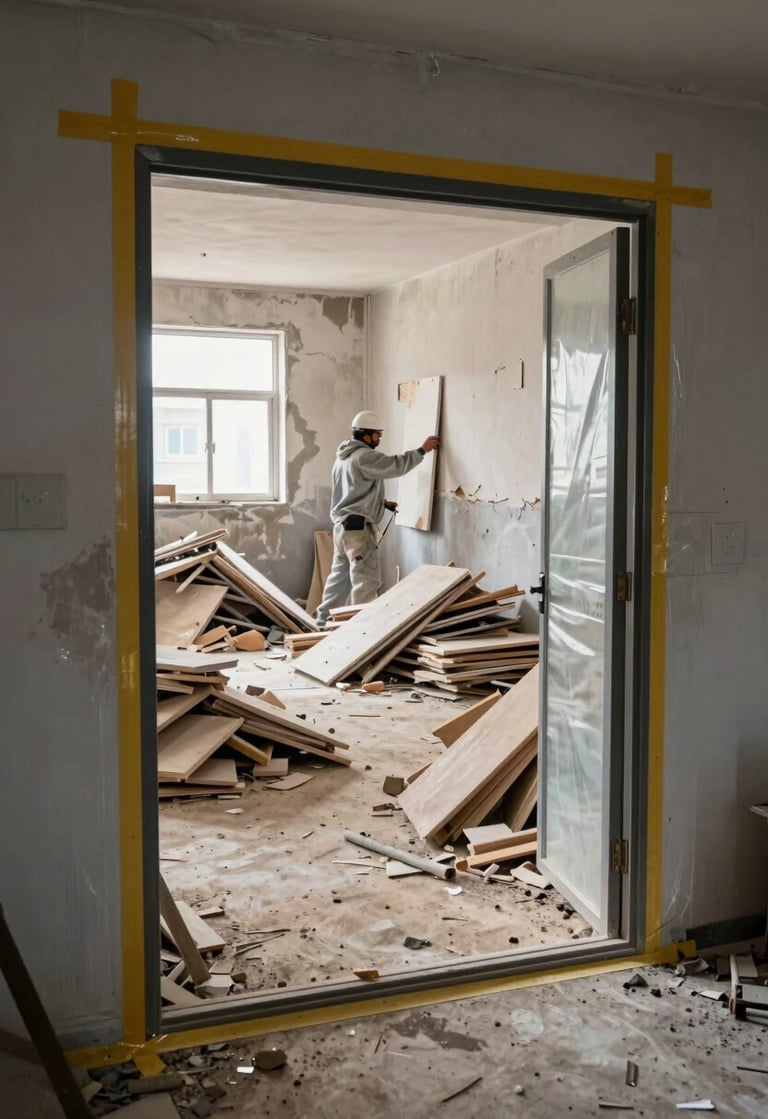 Environmental wide shot of a sealed demolition work zone, protective sheeting taped along door frames and floor edges, a worker in dust gear carefully removing wall panels, materials sorted into distinct floor piles under steady daylight from an unobstructed window, sharp focus on the containment boundary