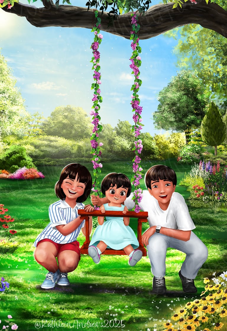 Garden Swing three joyful children illustration artwork children's book sunny garden