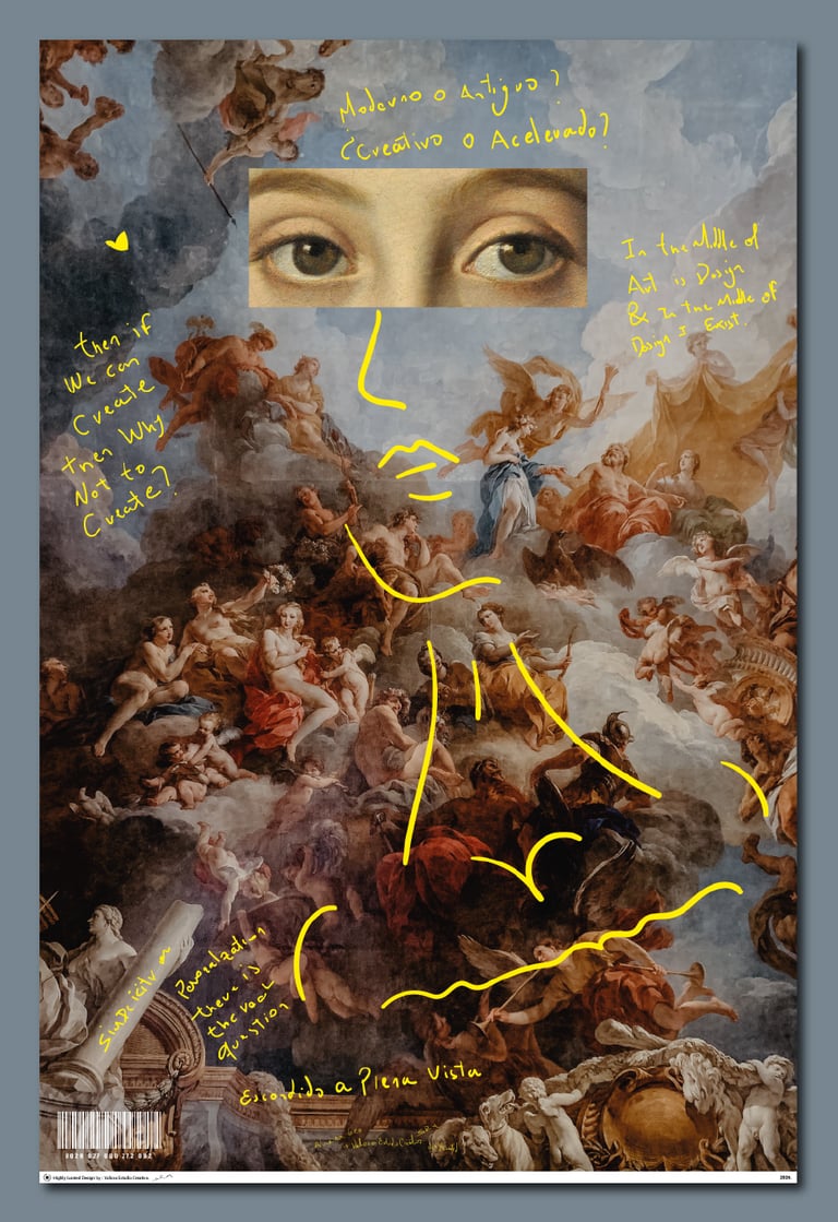 Surrealist collage poster featuring a classical Renaissance painting background with modern yellow line art and human eyes.