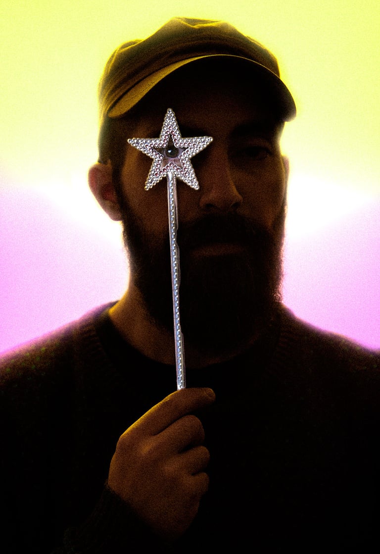 Portrait of the artist Sr.Charli holding a toy wand.