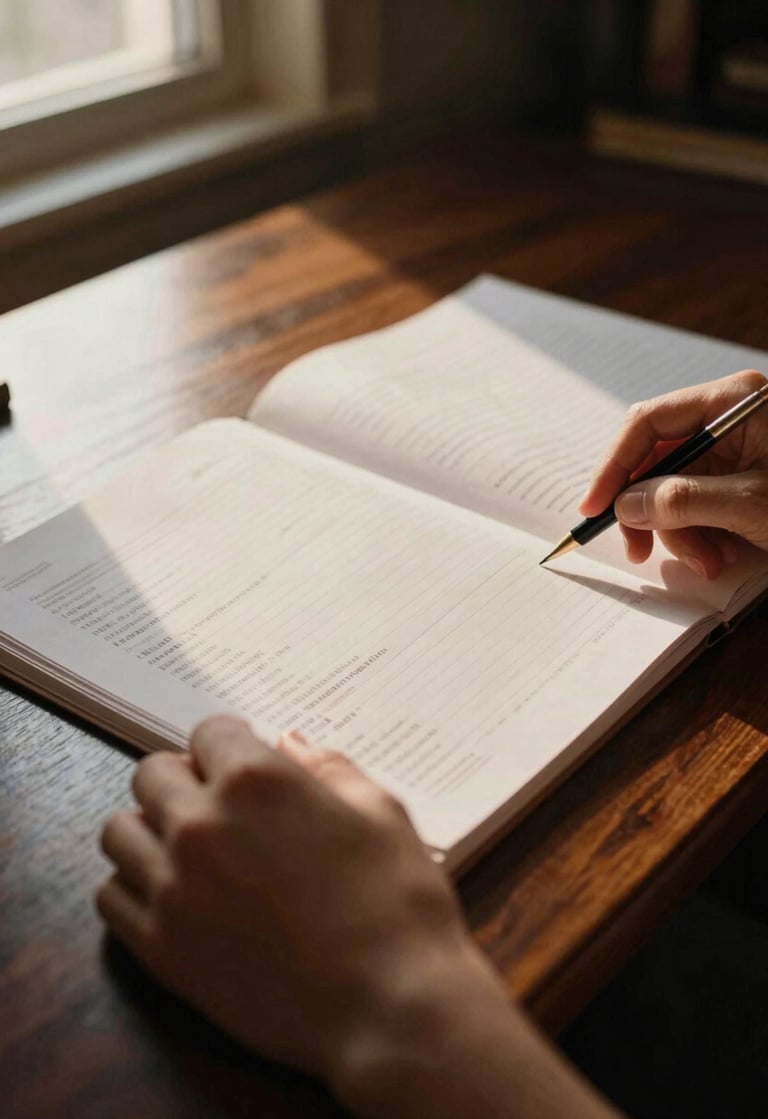A close-up editorial shot of hands reviewing physical ledger documents on a dark oak desk, warm low-key directional light, soft golden-hour window light, shallow depth of field, 35mm film