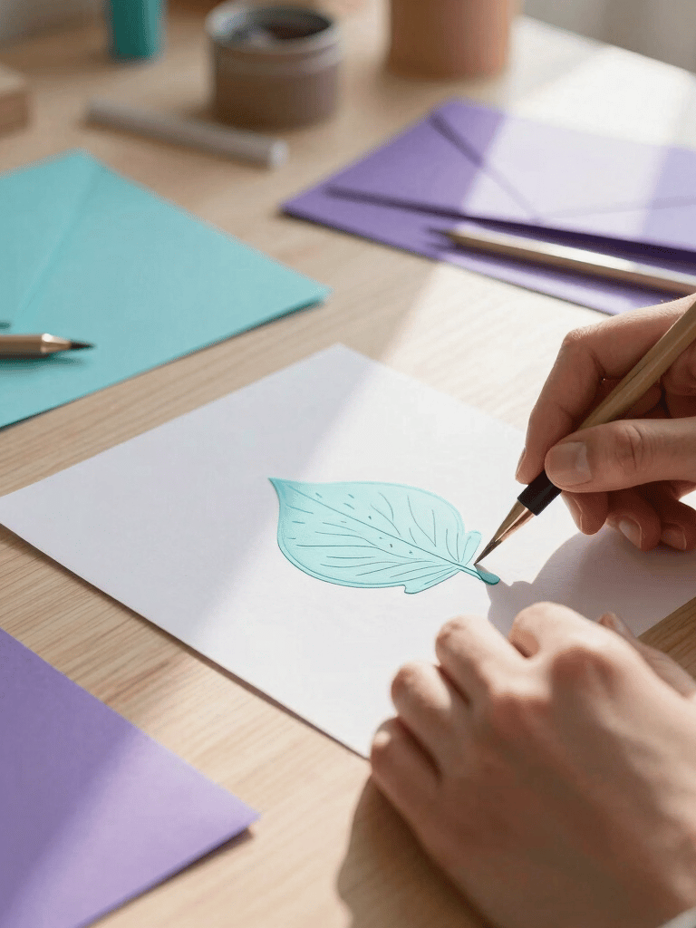 A close-up photograph of hands meticulously crafting personalized stationery, with vibrant lilac and turquoise design materials on a light wooden table. Soft, glowing morning light illuminates the delicate paper crafts. Elegant Portuguese creative home workshop setting.